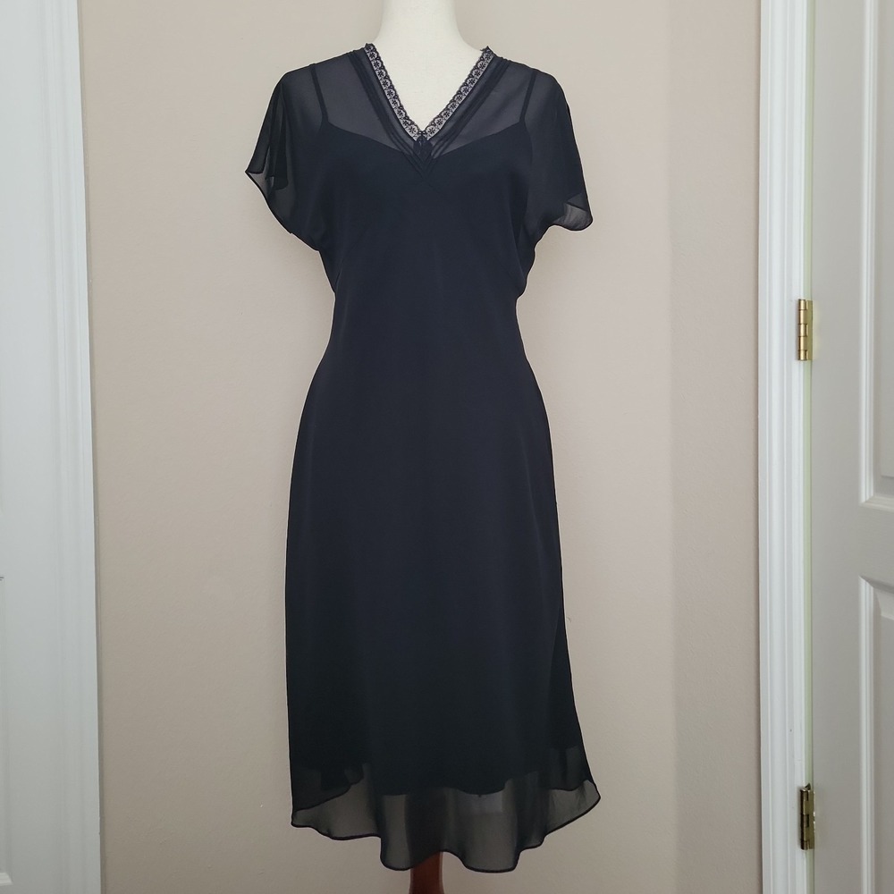 Vtg Liz Claiborne Black Whimsigoth Midi Slip Dress Sz 8 Petite Sheer New 90s Y2K